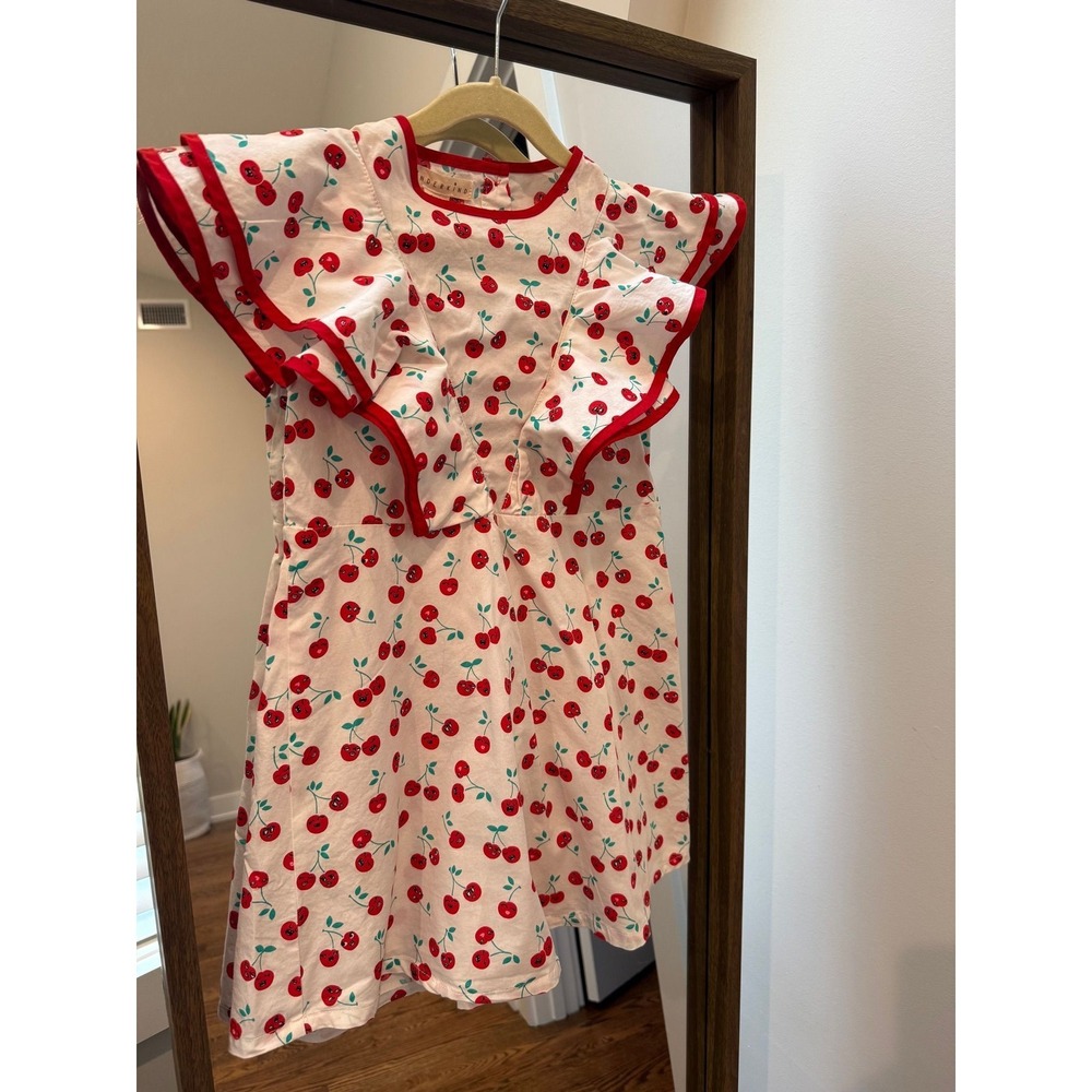 Kinderkind Girls Cherry Emoji Print Dress Red Ruffle Heart Cutout White Size 6